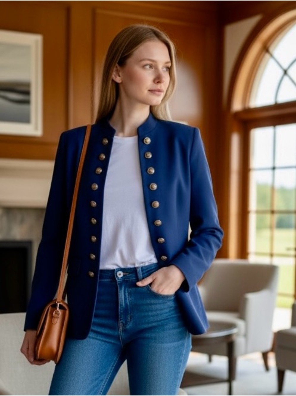 Women's Navy Military-Button Blazer Jacket
